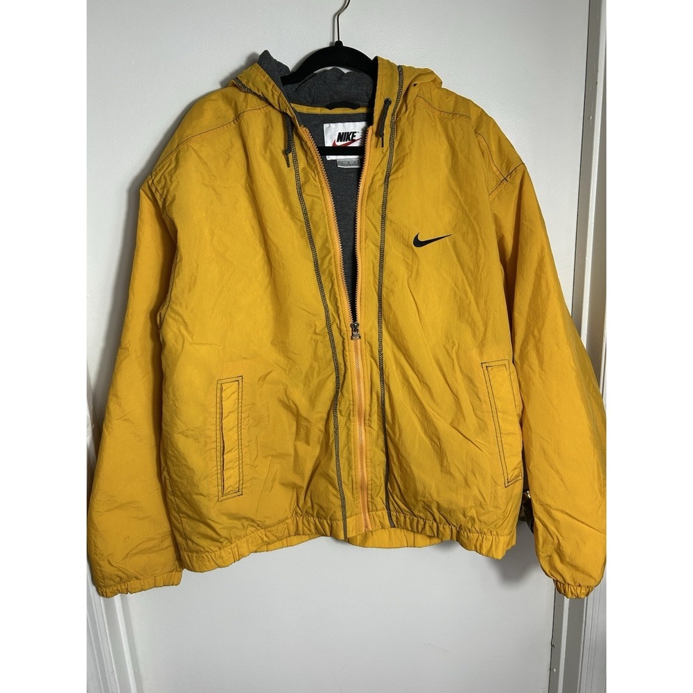 Vintage 90s Nike Yellow Hooded Windbreaker Jacket Fleece Lined Mens Large H7SID